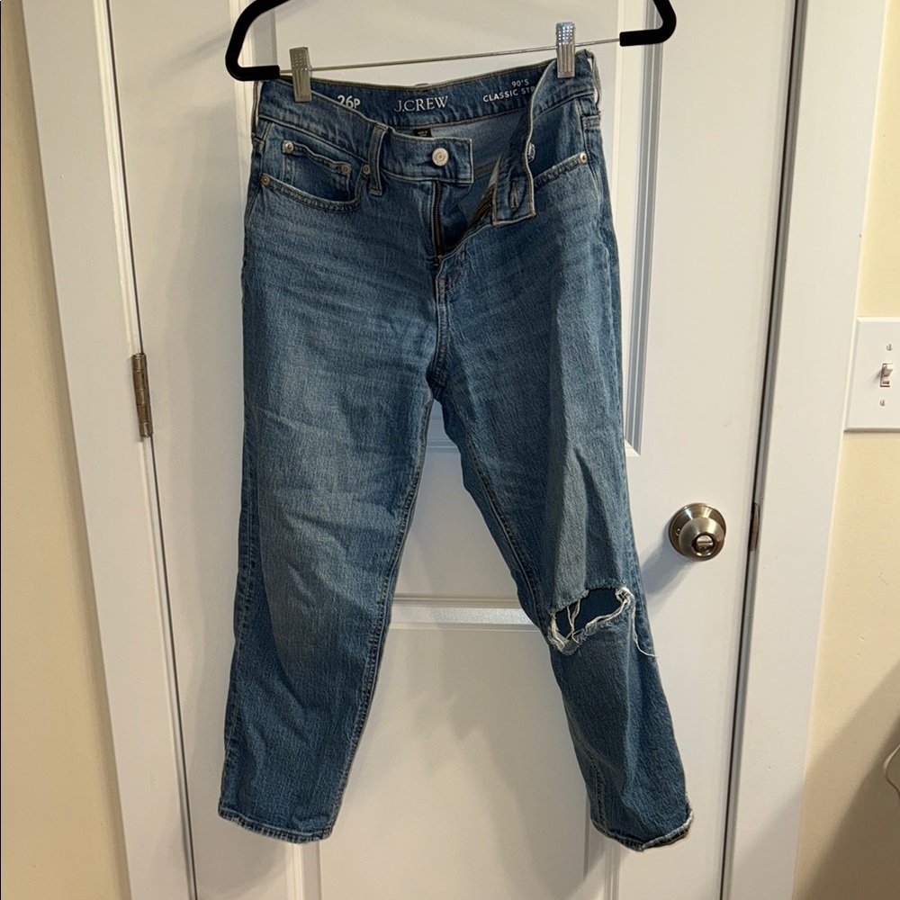 J. Crew Women's Straight Leg Jeans in Medium Blue with Distressed Knee